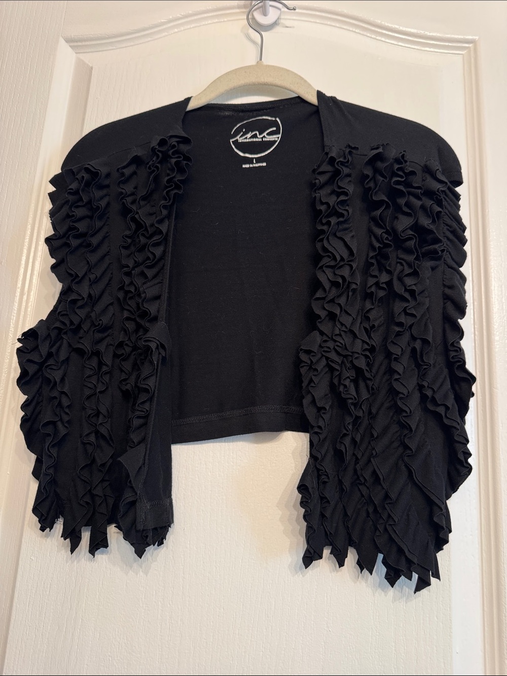 INC International Concepts Black Ruffle Bolero Shrug - Picture 2 of 3